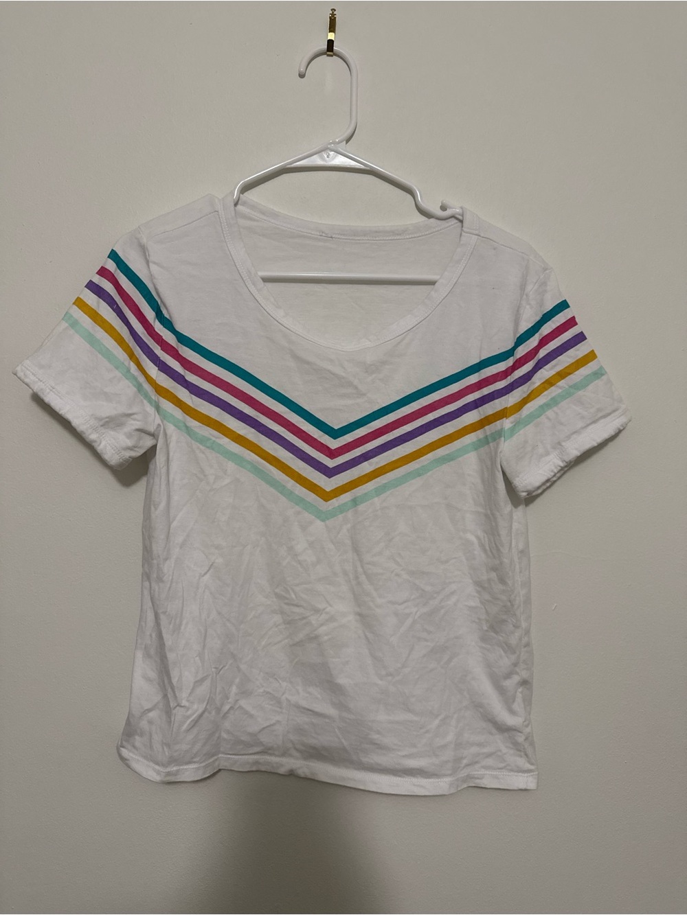 White Short-Sleeve Tee with Multicolor Chevron Stripes